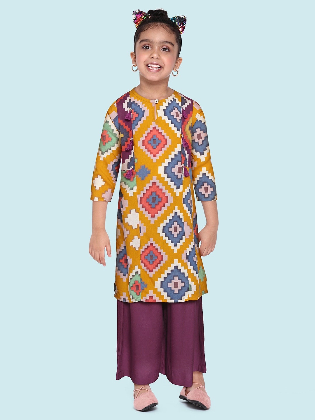 

Sangria Girls Mustard Yellow & Purple Printed Kurta with Palazzos