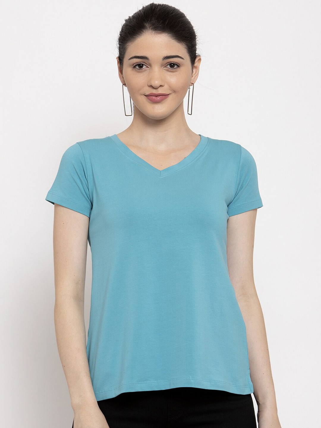 

Prag & Co Women Turquoise Blue V-Neck T-shirt