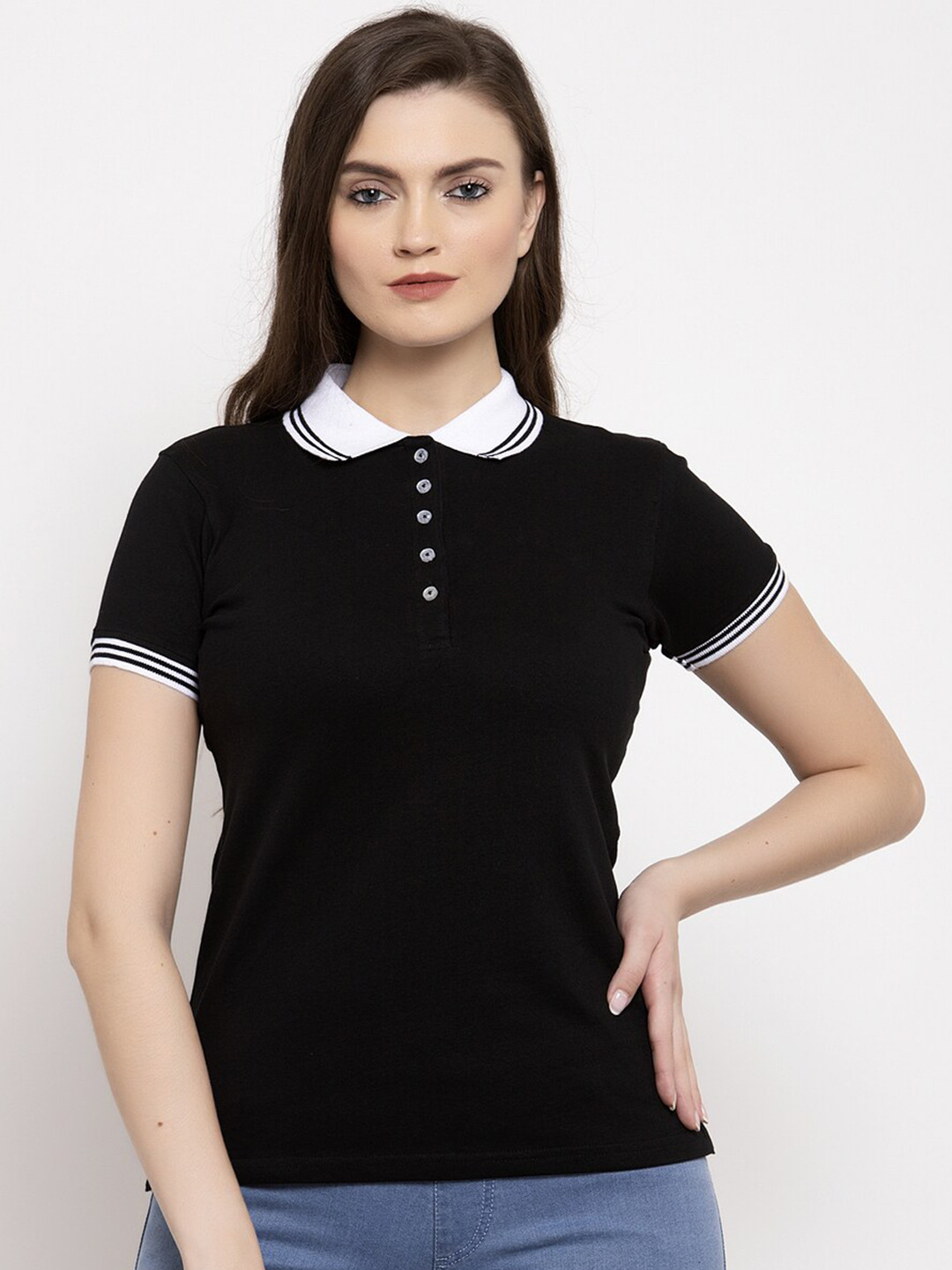

Prag & Co Women Black & White Polo Collar T-shirt