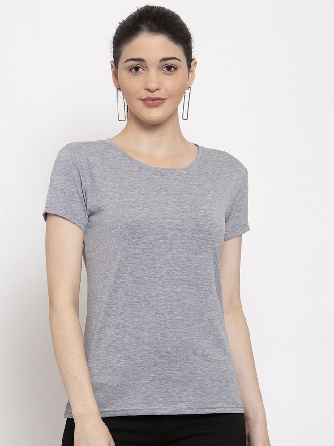 

Prag & Co Women Grey Melange Solid Round Neck T-shirt