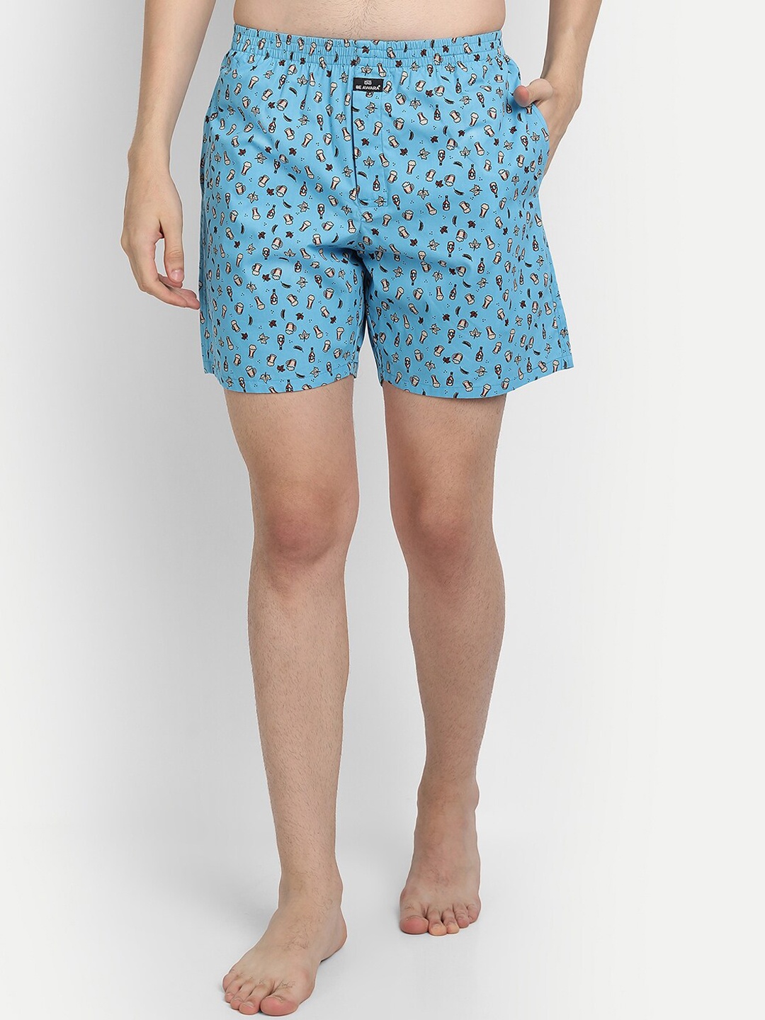 

BE AWARA Men Turquoise Blue & Off-White Printed Pure Cotton Comfort-Fit Boxer MBx-01-12