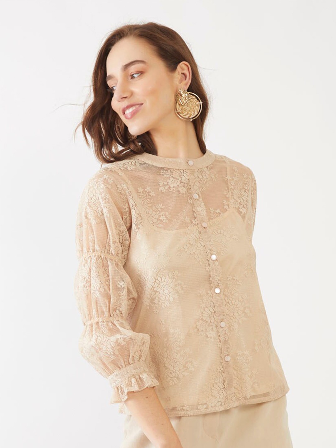 

Zink London Beige Mandarin Collar Regular Top