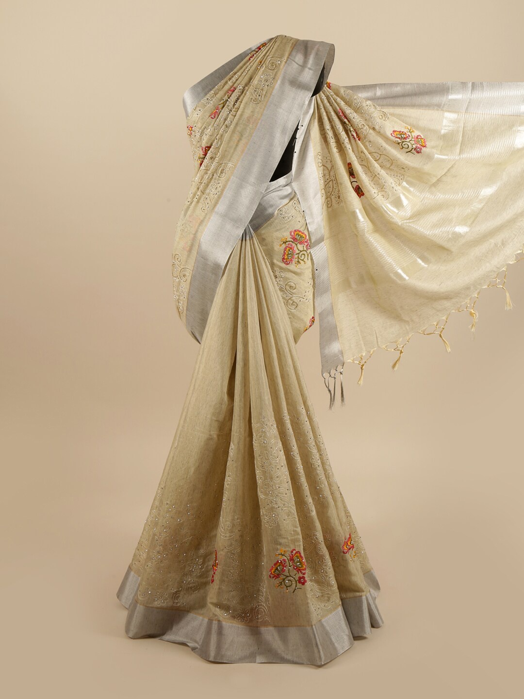 

Pothys Cream-Coloured & Yellow Floral Embroidered Saree