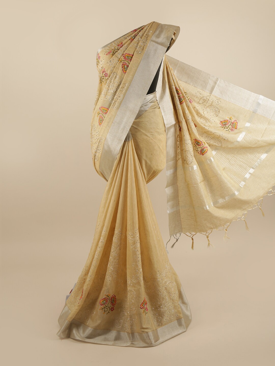

Pothys Yellow & Silver-Coloured Floral Embroidered Saree