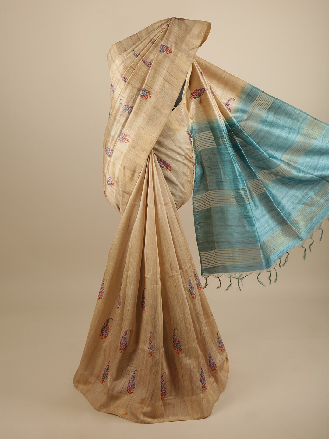 

Pothys Beige & Turquoise Blue Ethnic Motifs Embroidered Art Silk Saree
