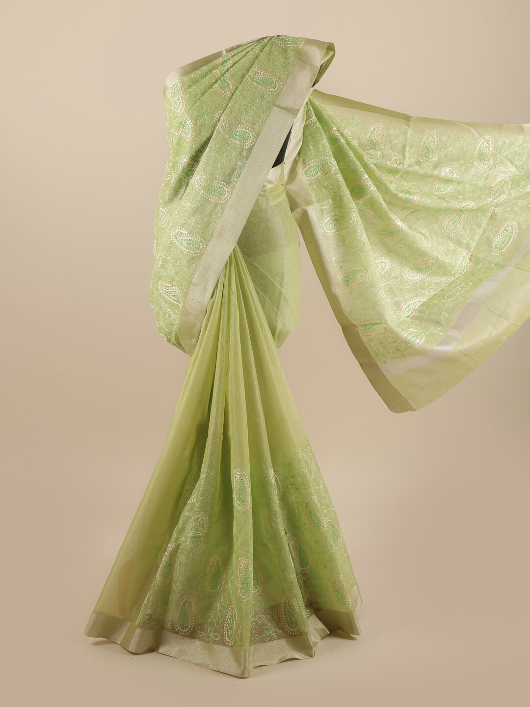 

Pothys Green & White Paisley Embroidered Saree