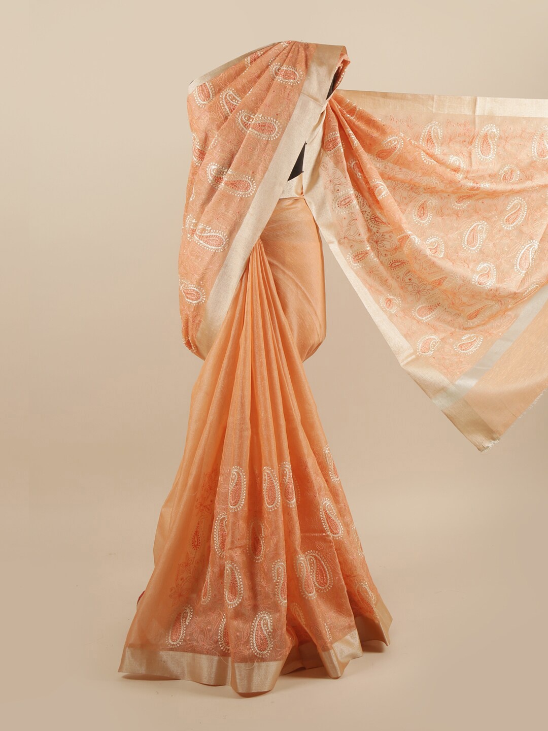 

Pothys Orange & Beige Paisley Embroidered Saree