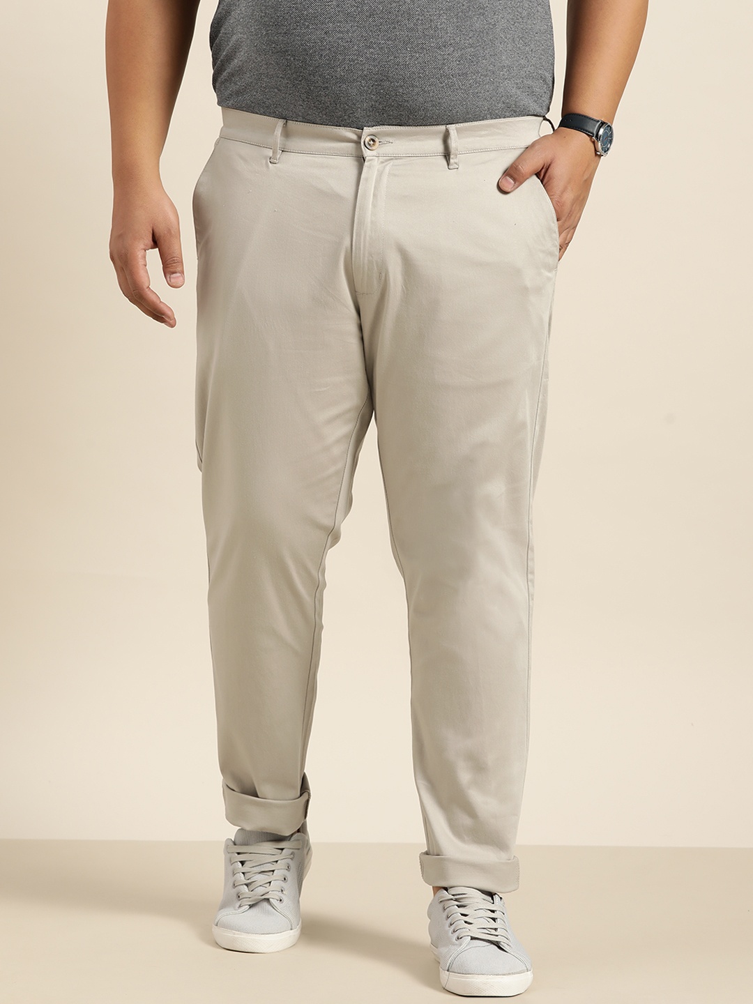 

Sztori Plus Size Men Beige Solid Trousers