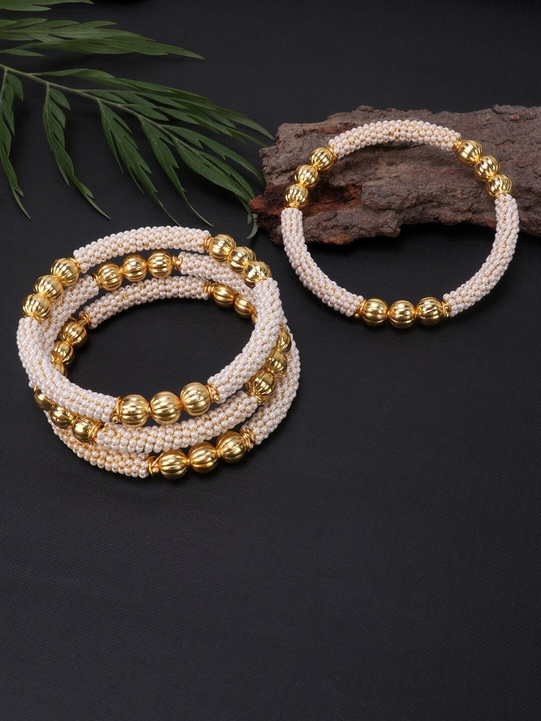 

JEWELS GEHNA Set Of 4 White Pearl Beaded Handcrafted Bangles, Gold