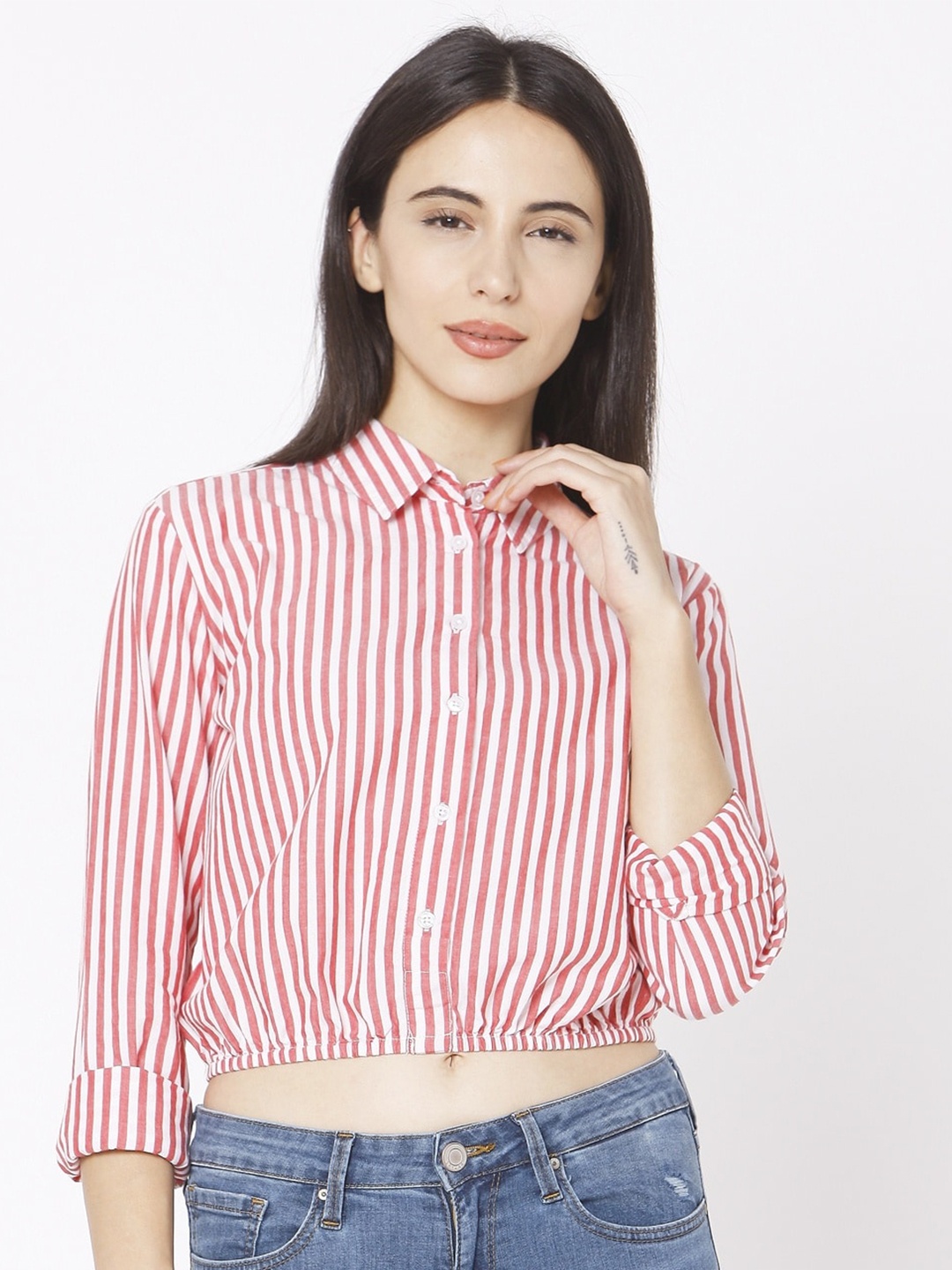 

SPYKAR Red Striped Shirt Style Crop Top