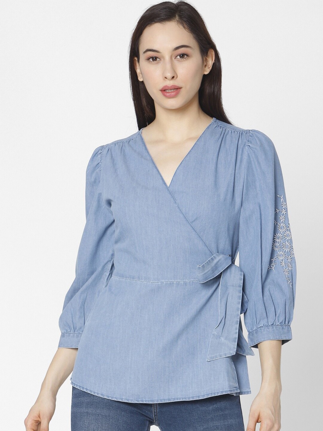 

SPYKAR Blue Solid Pure Cotton Cinched Waist Top