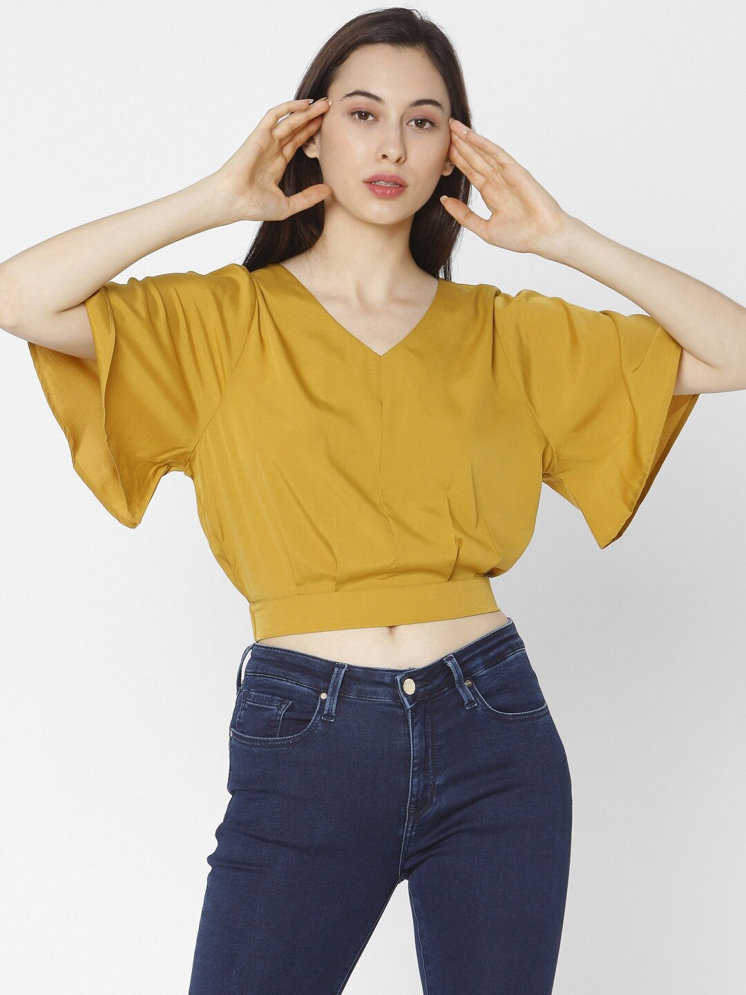 

SPYKAR Mustard Yellow Blouson Crop Top with Flutter Sleeves