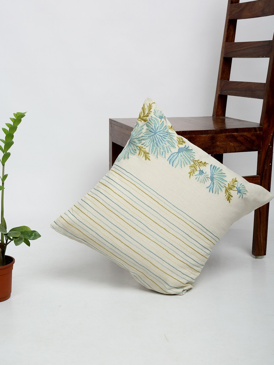 

Fabindia Cream-Coloured & Blue Floral Cotton Square Cushion Cover