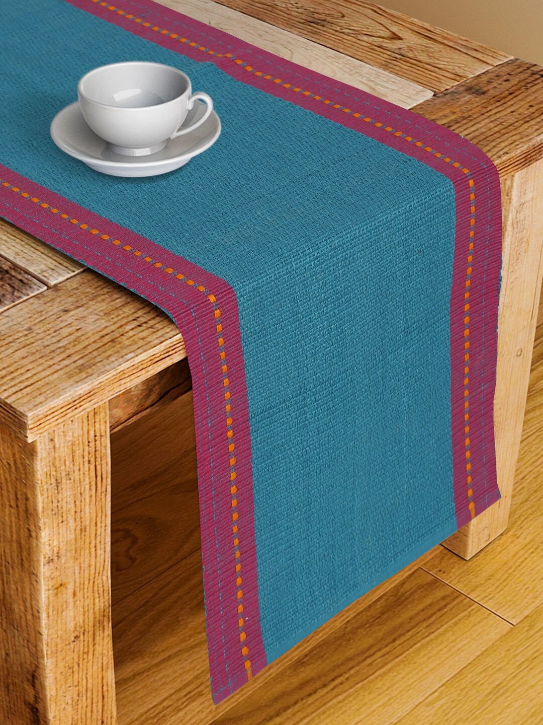

Fabindia Teal Blue & Fuchsia Pink Solid Woven-Design Cotton Table Runner