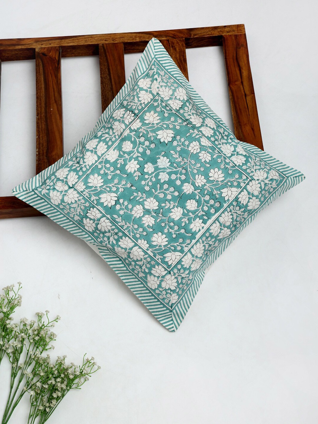

Fabindia Teal & White Floral Cotton Square Cushion Cover