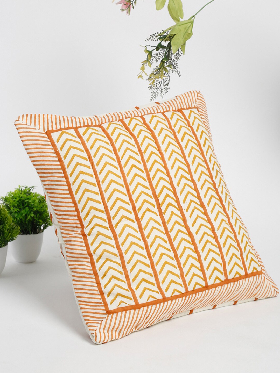 

Fabindia Off White & Yellow Geometric Quilted Cotton Square Cushion Cover