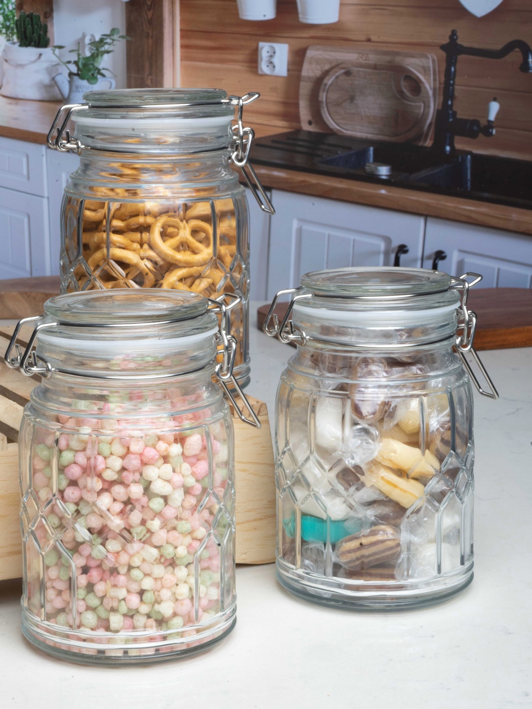 

White Gold Set Of 3 Transparent Glass Storage Jars with Lid