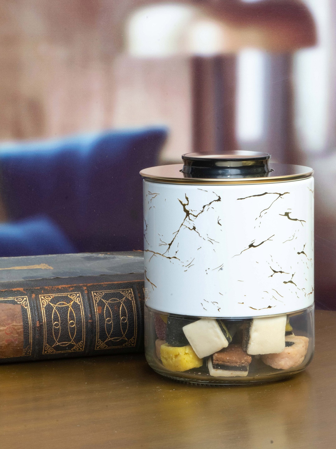 

White Gold White & Transparent Printed Glass Storage Jar With Lid