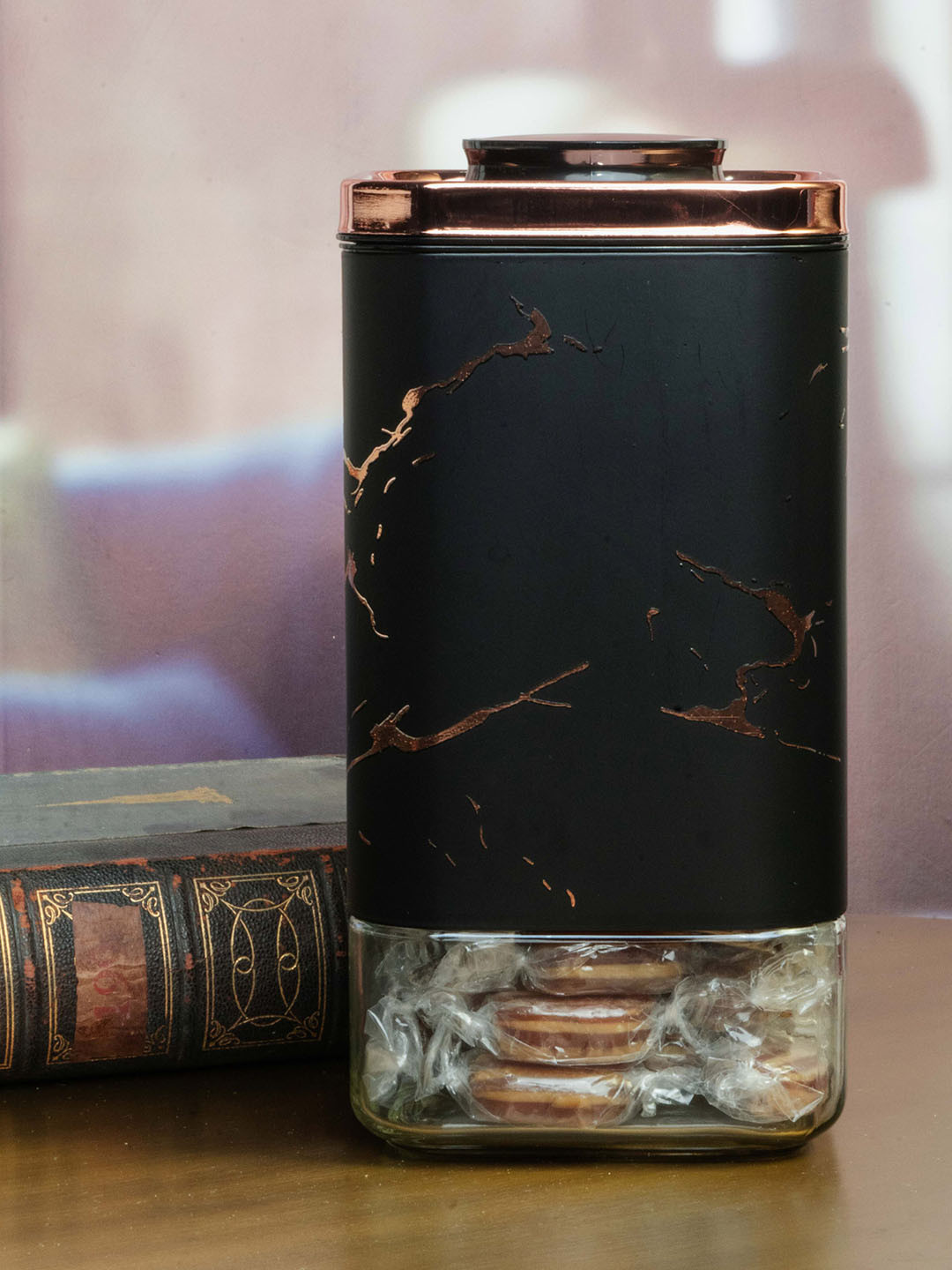 

White Gold Black & Transparent Glass Storage Jar with Metal Cover & Push Button Lid