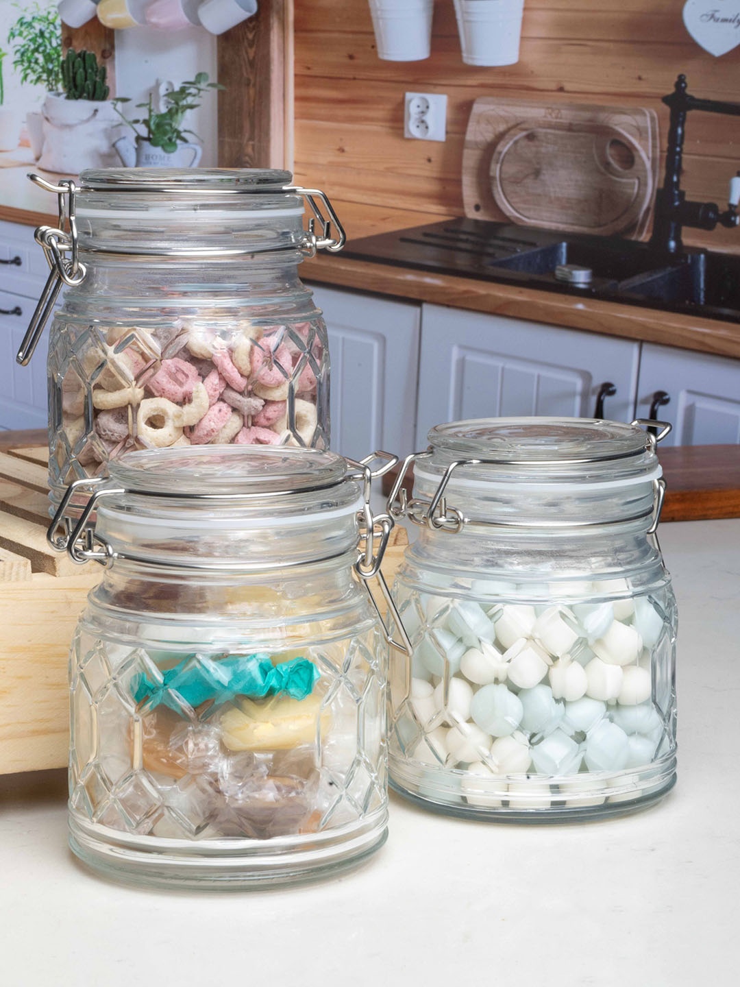 

White Gold Set Of 3 Transparent Glass Storage Jars with Lid