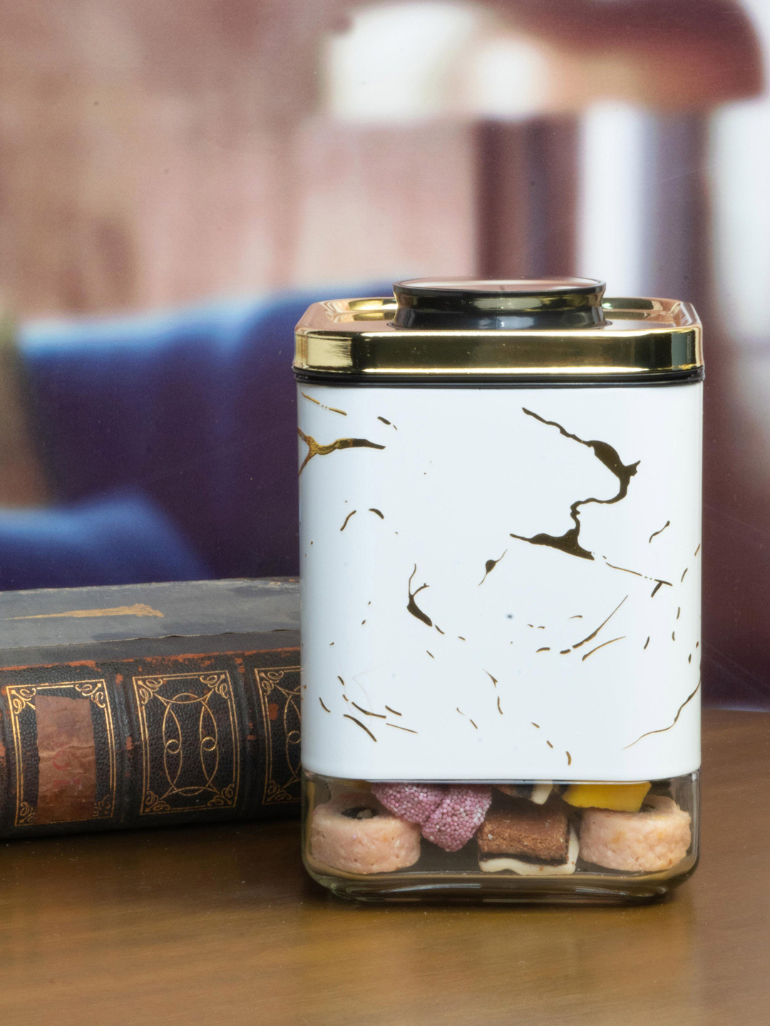

White Gold White & Transparent Printed Glass Storage Jar With Lid