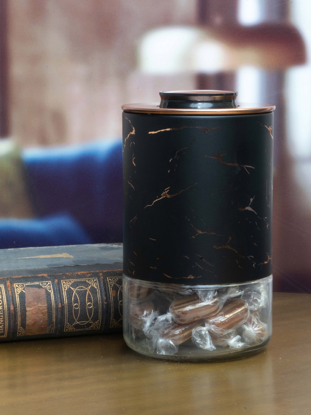 

White Gold Black & Transparent Printed Glass Storage Jar With Lid