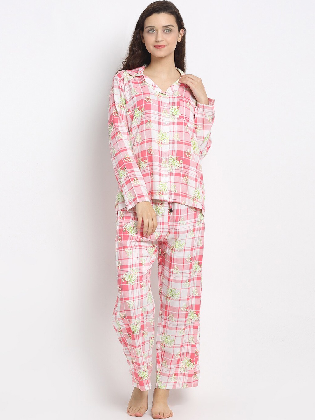 

Secret Wish Women Pink & White Checked Pure Cotton Night Suit