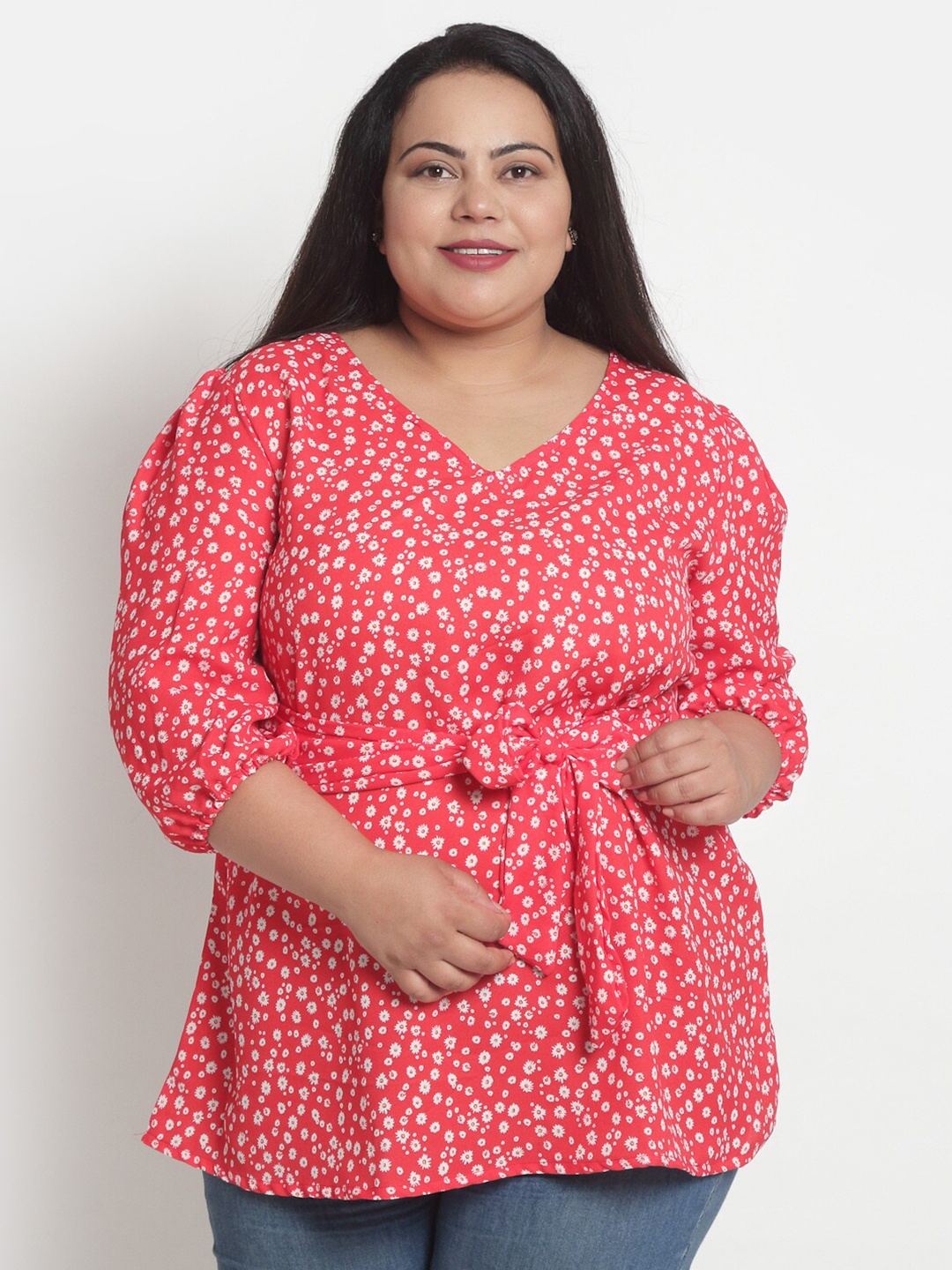 

sindrellastorie Coral & White Floral Crepe Cinched Waist Top