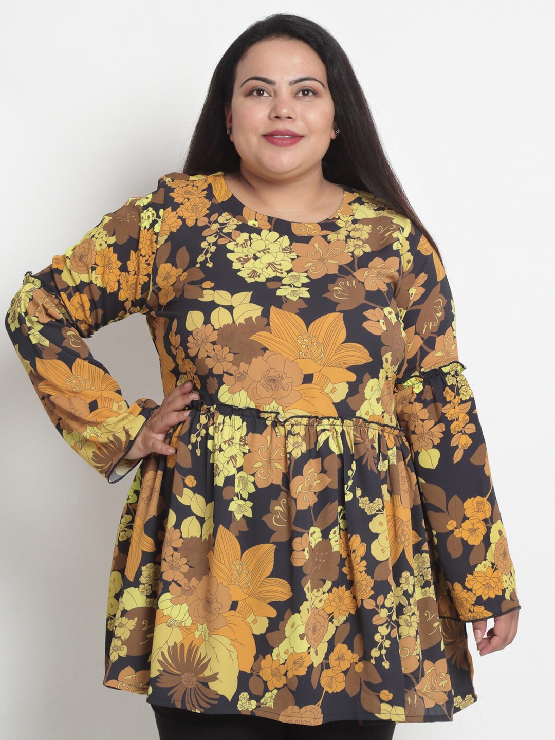 

sindrellastorie Women Black& Orange Floral Crepe Peplum Top