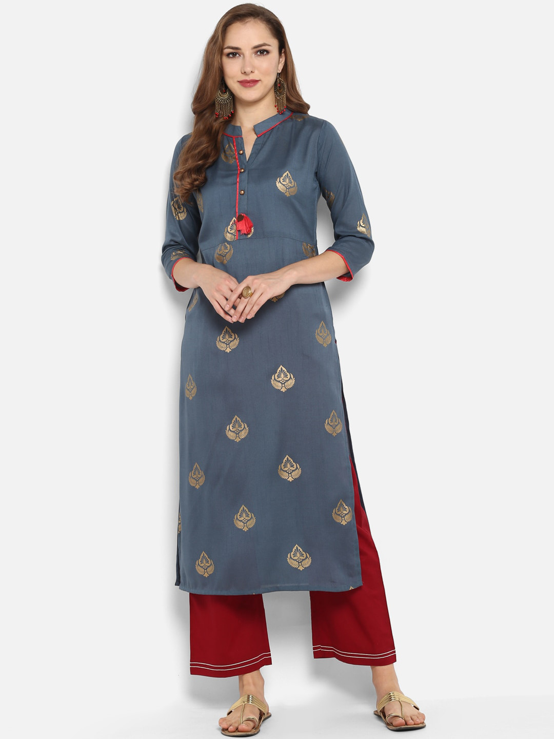 

Janasya Women Grey & Gold-Toned Floral Printed Straight Kurta