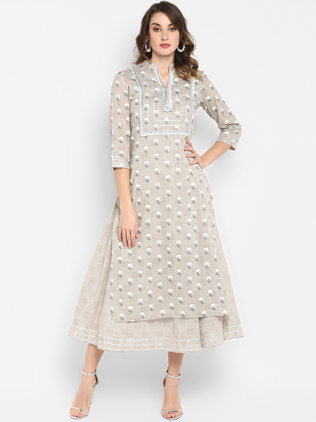 

Janasya Women Grey & White Floral Printed Pure Cotton Double Layered Anarkali Kurta