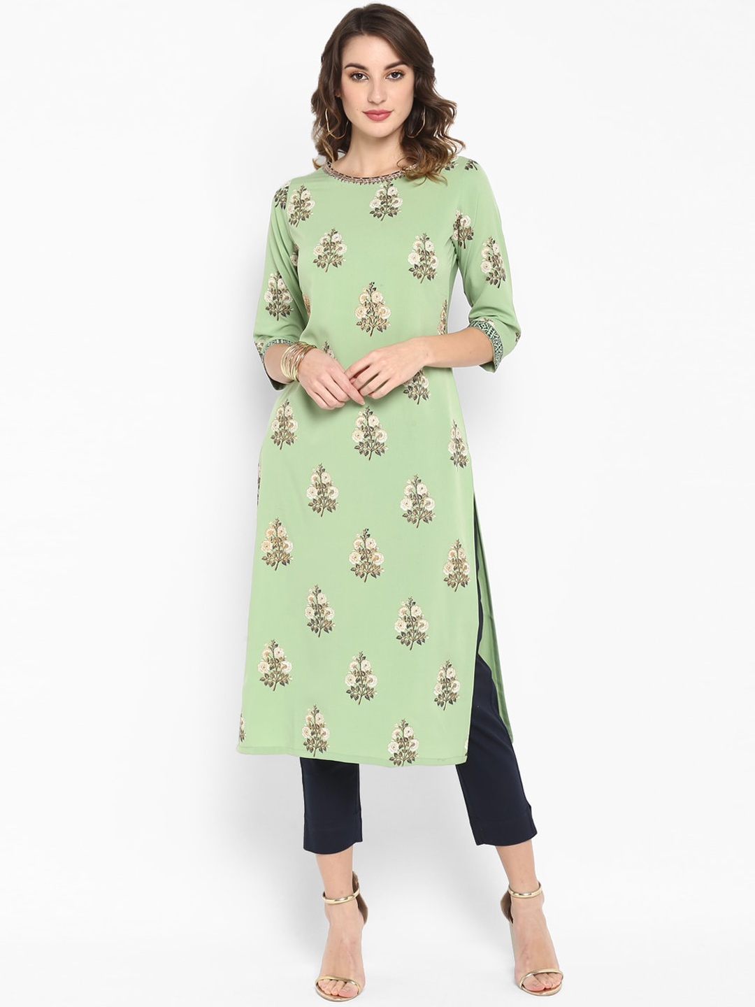 

Janasya Women Sea Green & Beige Floral Printed Straight Kurta