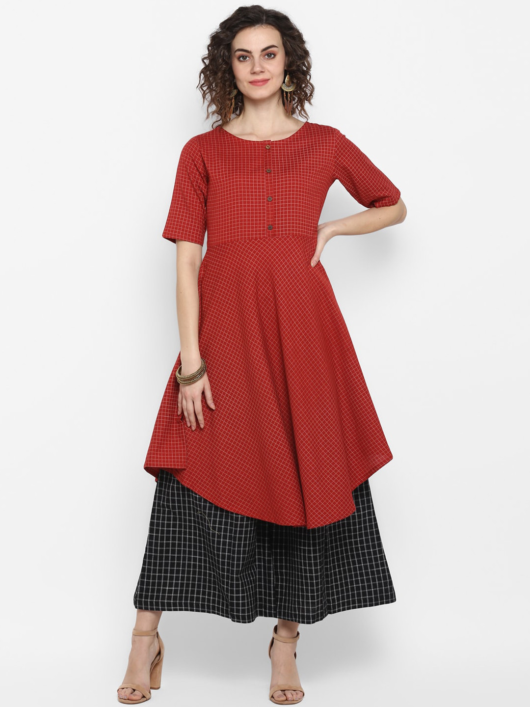 

Janasya Women Red Checked Pure Cotton Anarkali Kurta
