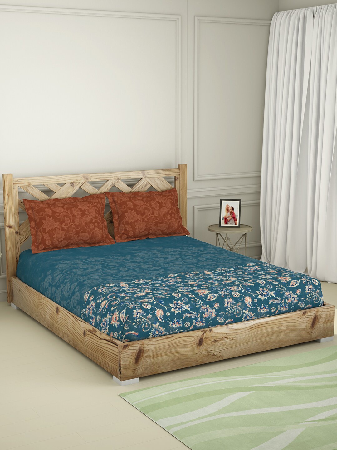 

SPACES Teal Blue & Brown Floral 210 TC Pure Cotton Queen Bedsheet With 2 Pillow Covers