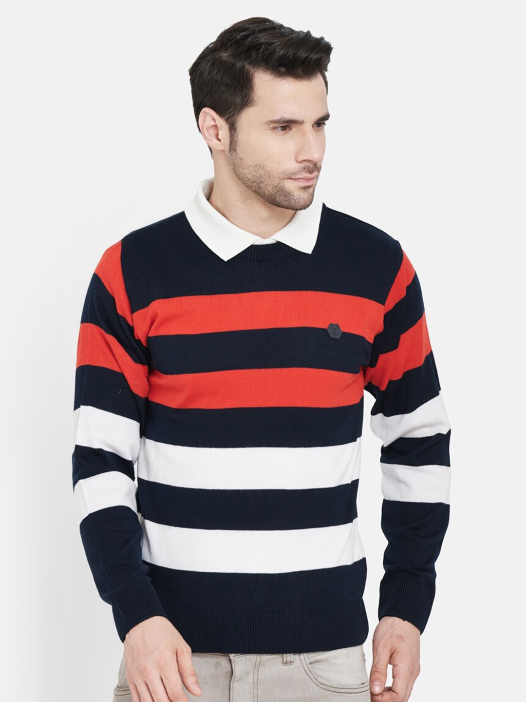 

Duke Men Navy Blue & White Striped Wool Pullover Sweater