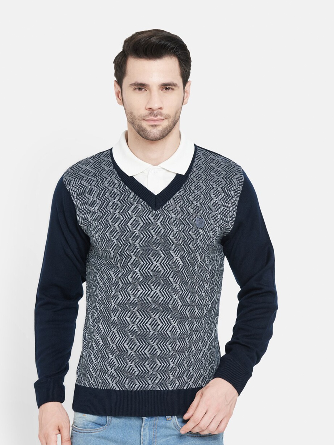 

Duke Men Navy Blue Self Design Wool Pullover Sweater