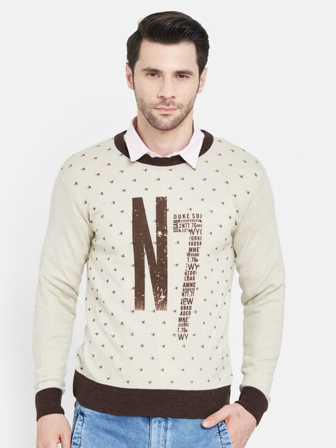 

Duke Men Cream-Coloured & Brown Typography Printed Wool Pullover Sweater