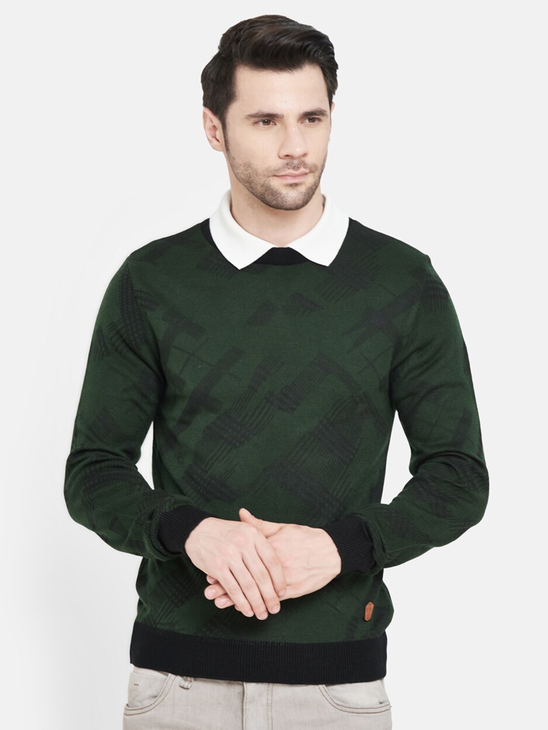 

Duke Men Olive Green & Black Printed Wool Pullover Sweater