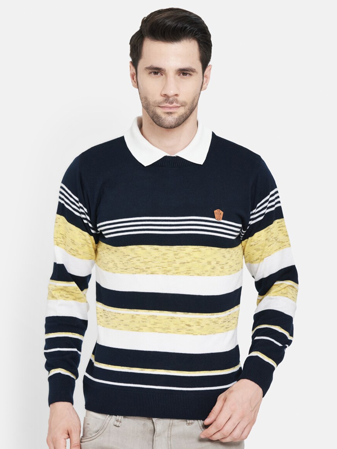 

Duke Men Navy Blue & Yellow Striped Wool Pullover Sweater