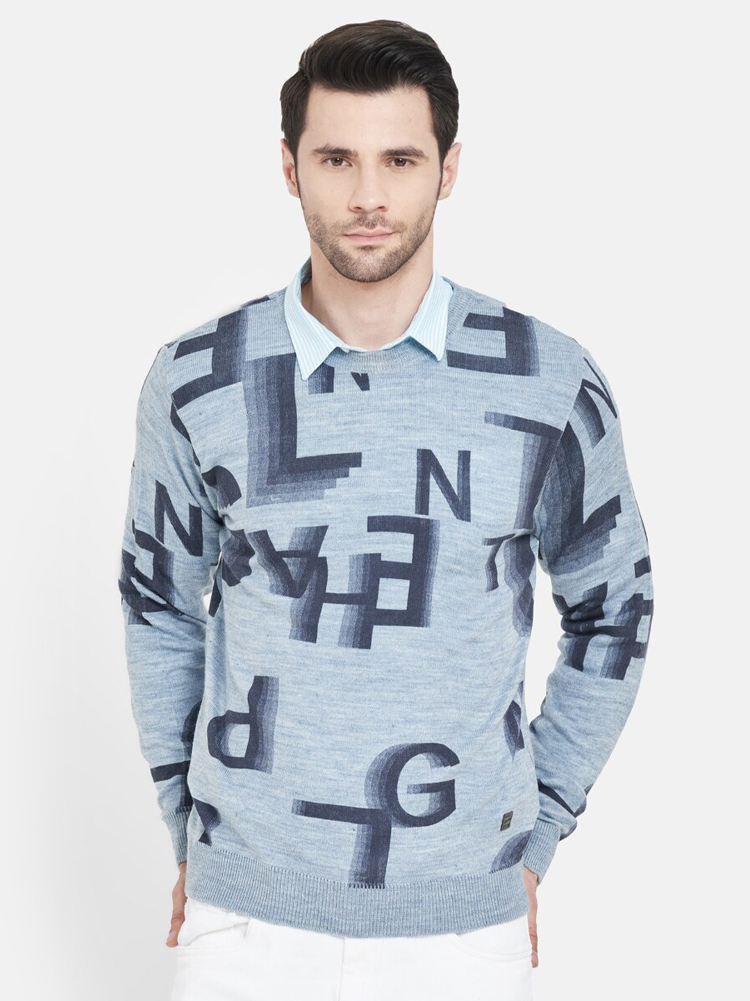 

Duke Men Blue Typography Printed Wool Pullover Sweater