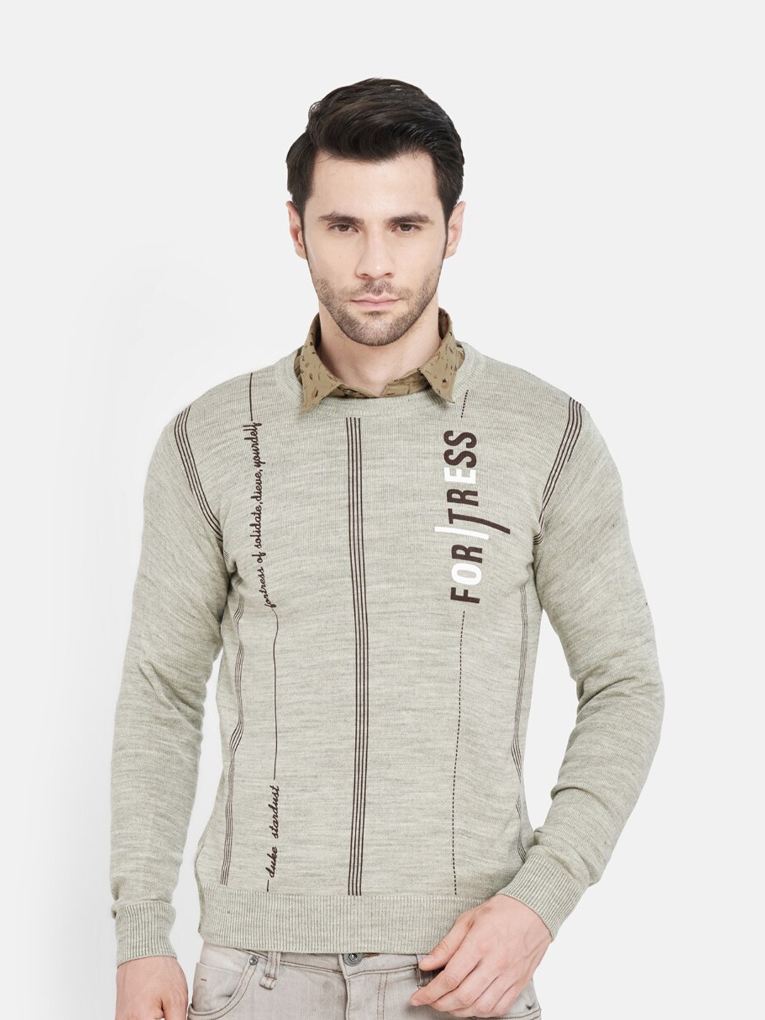 

Duke Men Brown & White Typography Printed Wool Pullover Sweater