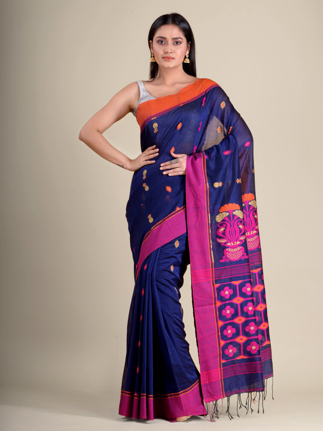 

Mitera Navy Blue & Magenta Pink Hand Woven Pure Cotton Saree