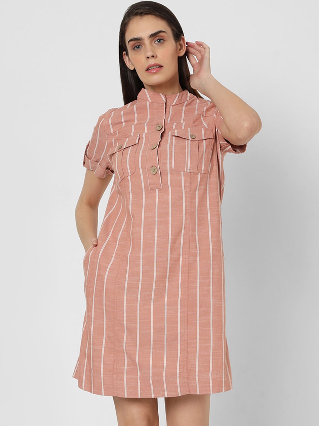 

Vero Moda Women Peach-Coloured & White Striped Shirt Dress