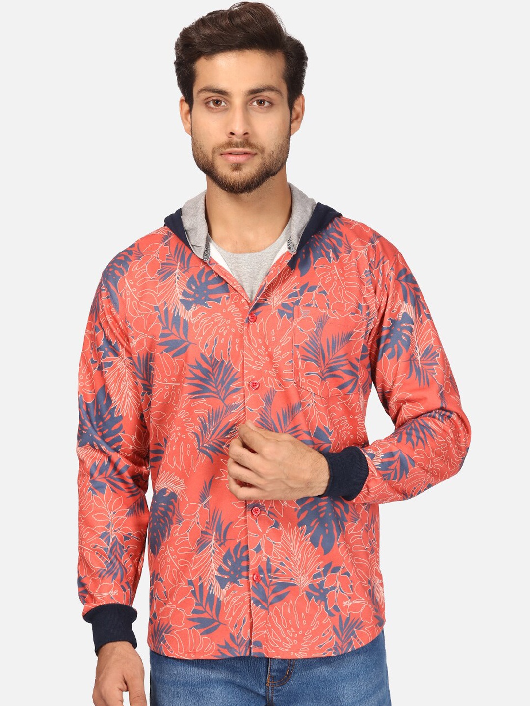 

BULLMER Men Coral Red & Navy Blue Floral Opaque Printed Fleece Hooded Casual Shirt