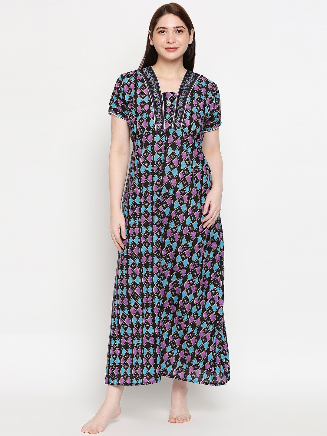 

Pretty Awesome Women Black Printed Maxi Nightdress