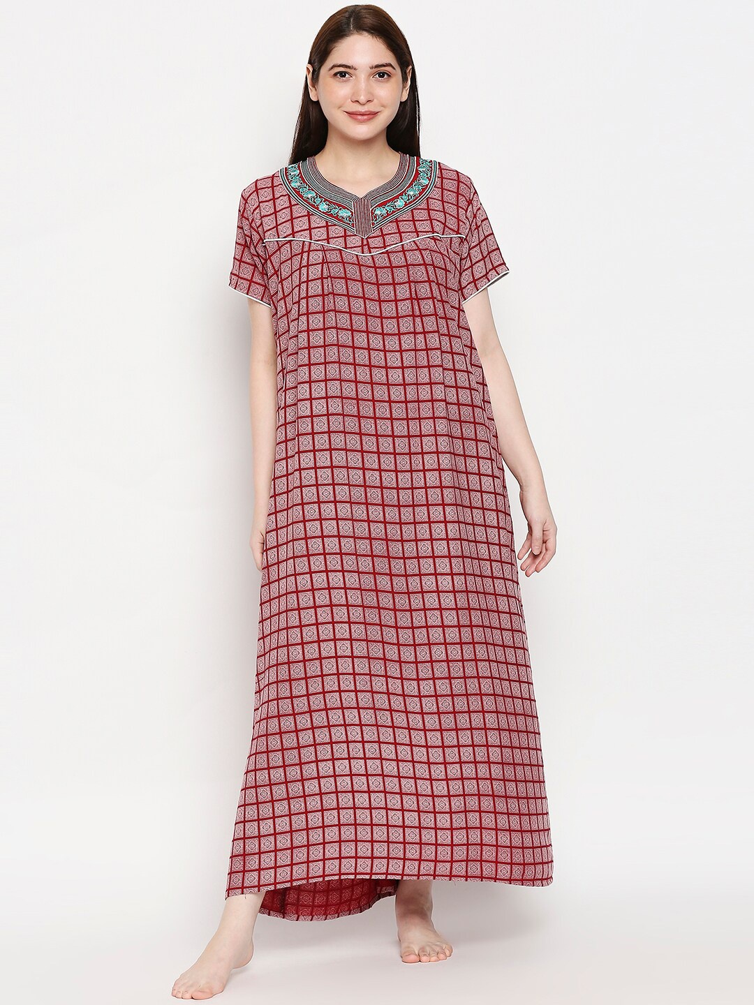 

Pretty Awesome Women Maroon Embroidered Maxi Nightdress