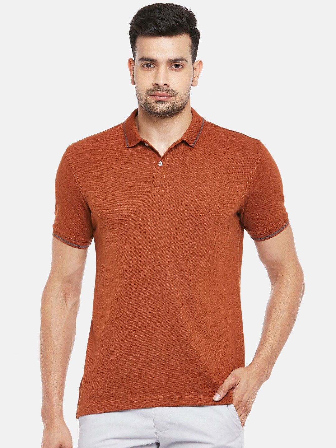 

BYFORD by Pantaloons Men Brown Pure Cotton Polo Collar Pure Cotton T-shirt