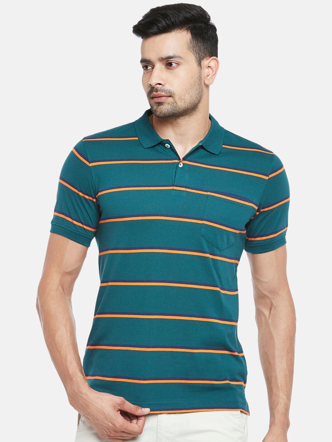 

BYFORD by Pantaloons Men Green & Yellow Striped Polo Collar Pockets Slim Fit T-shirt