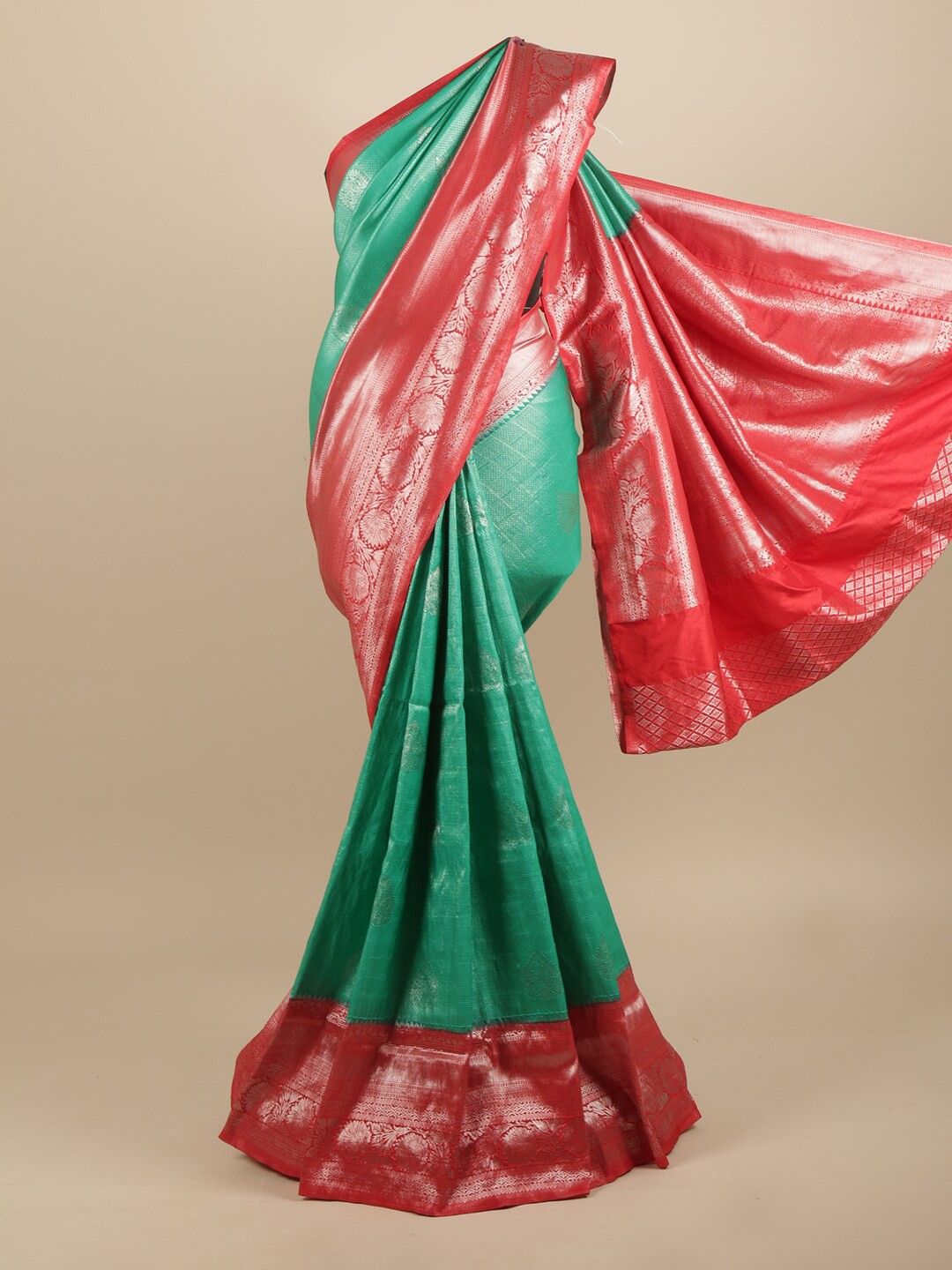

Pothys Green & Red Woven Design Art Silk Banarasi Saree