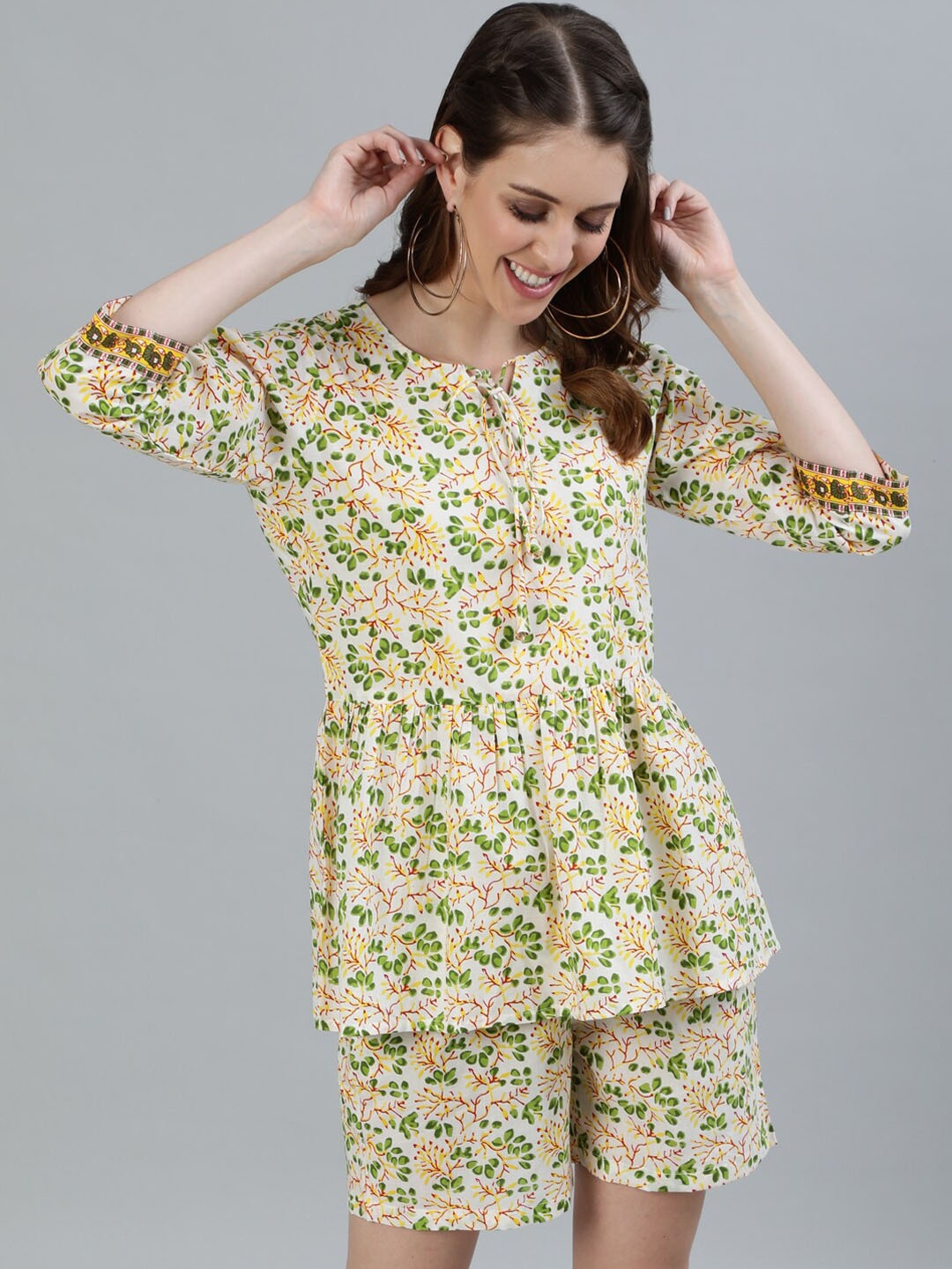 

Nayo Women White & Green Printed Night suit